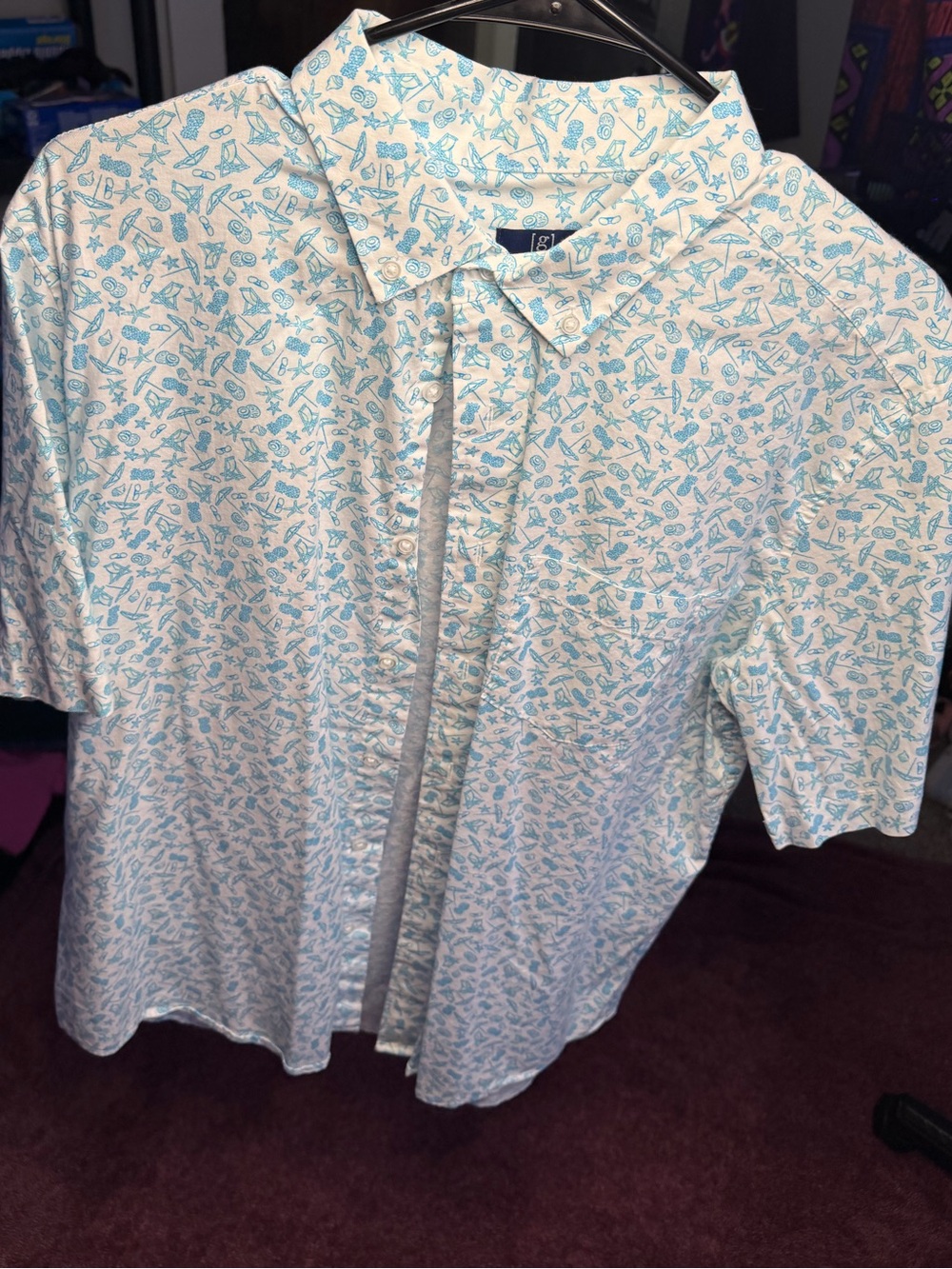 George Men’s Short-Sleeve Button-Up Shirt in White with Light Blue Print